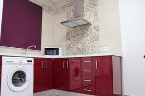 Fridge, microwave, coffee/tea maker, toaster