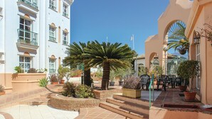 Un patio con una palmera, plantas en macetas y mobiliario exterior.