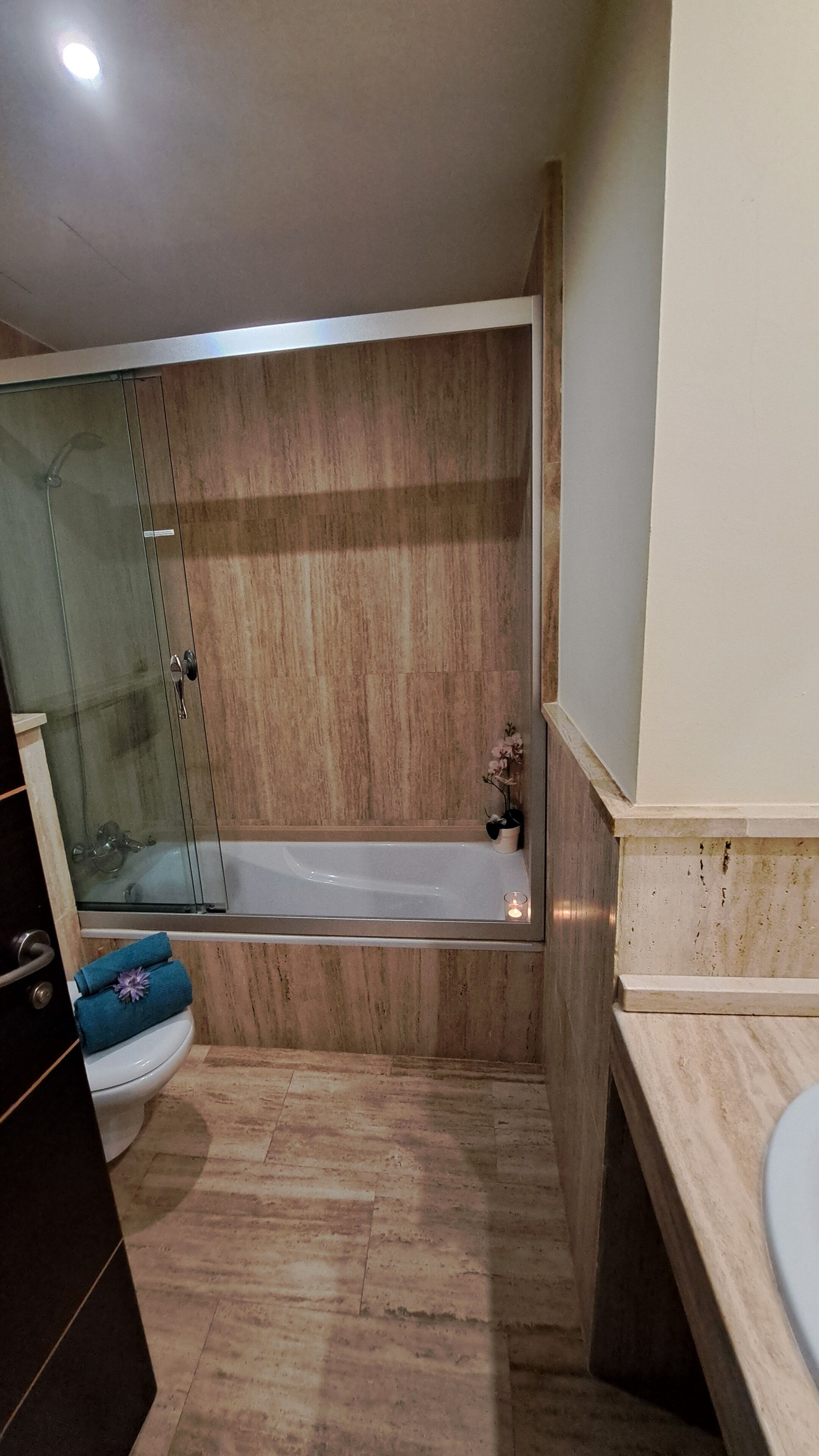 Un baño con ducha envuelta en vidrio, bañera y retrete.