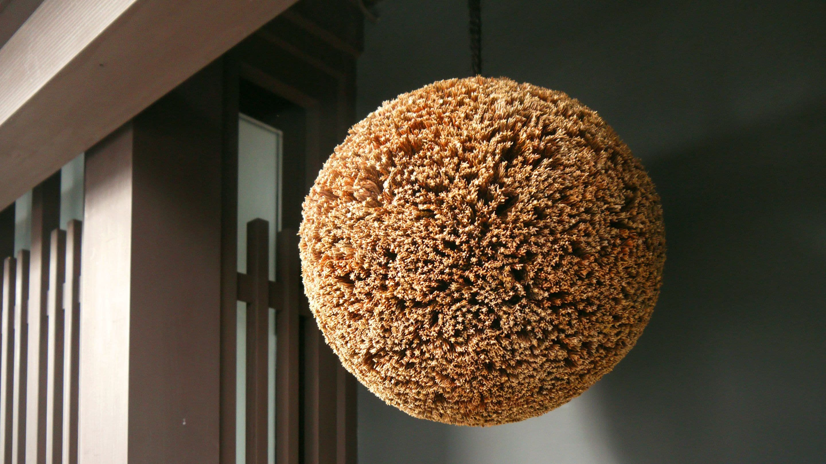 A spherical hanging object made of small, textured elements, suspended from a ceiling.