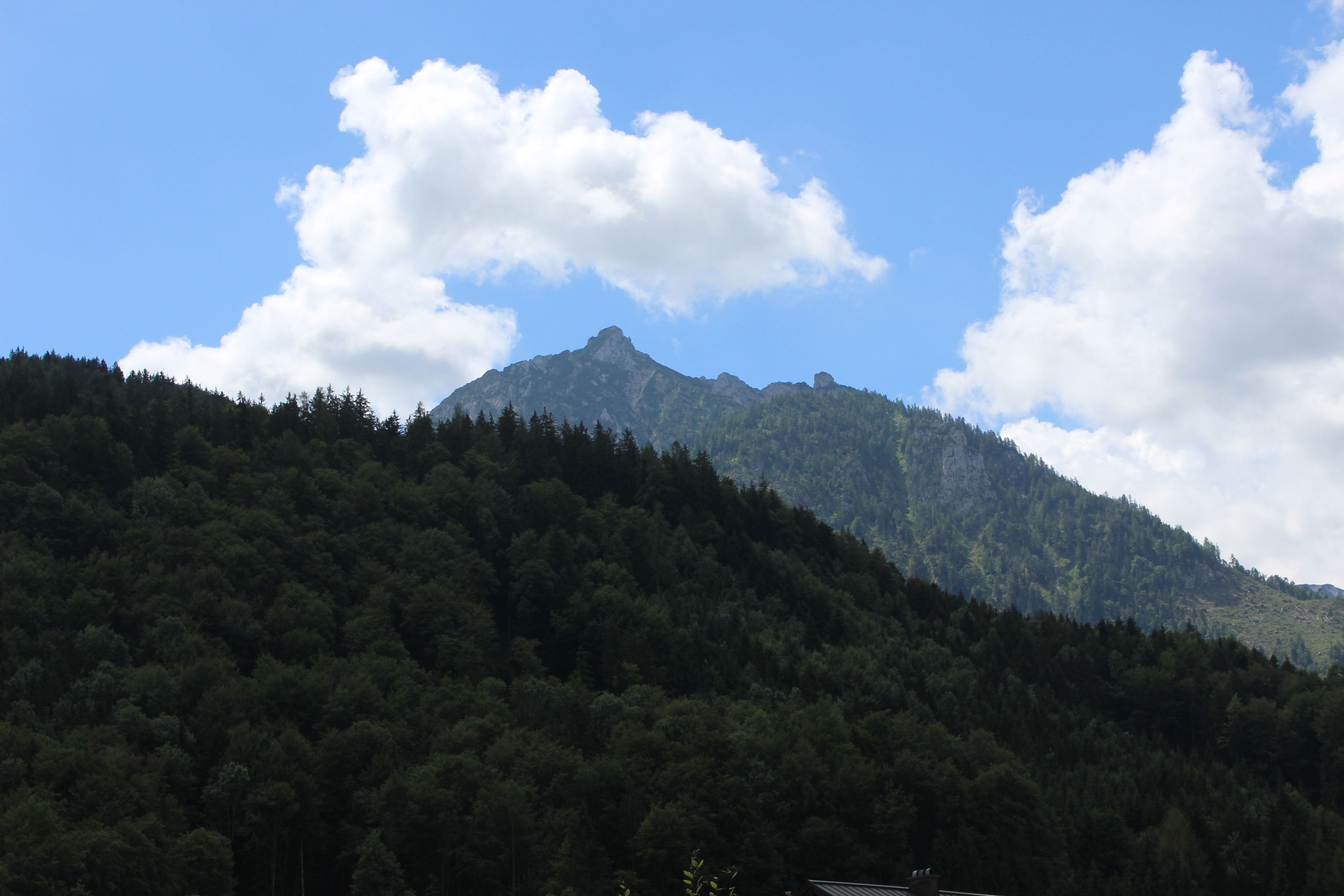 A mountain with a forested slope and a clear sky.