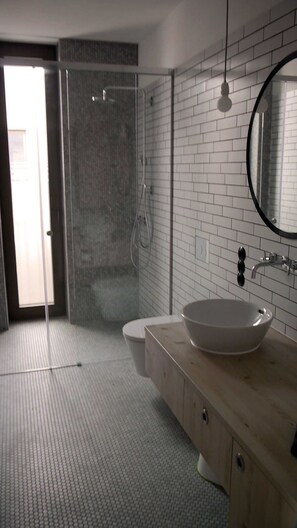 A modern bathroom with a glass shower enclosure, a white sink, and a wooden vanity. - The Playful (11) - Z1-THE HOUSE (Zwenkau)