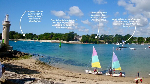 Escena costera con un faro, barcos y una playa.