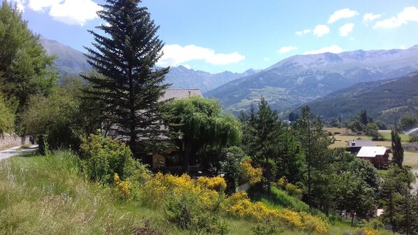 A mountainous landscape with a house surrounded by greenery and yellow flowers.