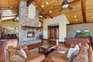 TV, fireplace, DVD player, foosball