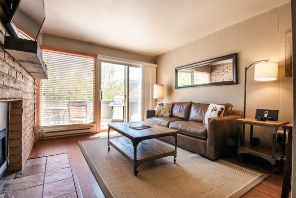 TV, lareira, aparelho de som