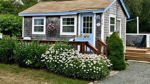 A small, single-story house with a blue trim and a wooden deck.