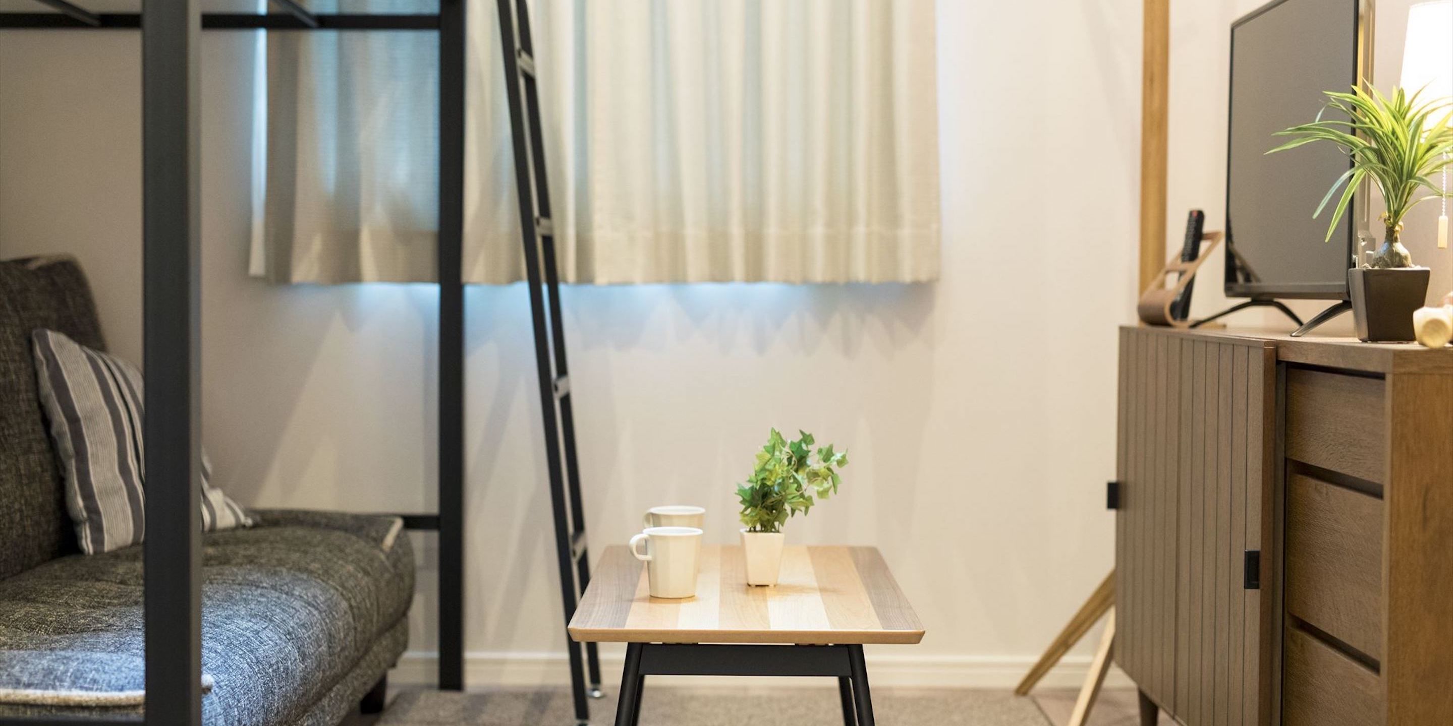 Una habitación acogedora con una cama, una mesita con una planta y una taza, un televisor y un armario de madera.