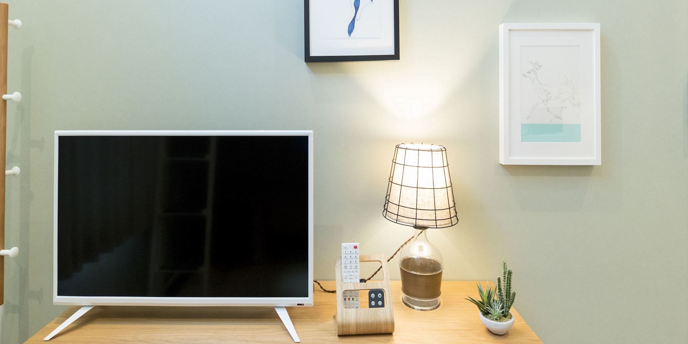 A flat-screen TV on a wooden stand, a lamp with a wireframe shade, a small plant, and a framed picture on the wall.