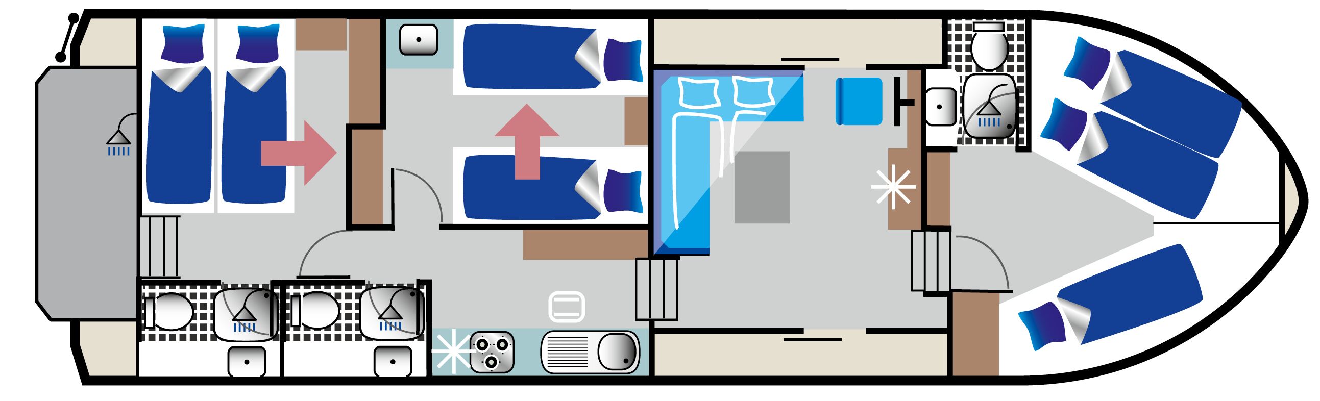 A floor plan of a hotel with a kitchen area, a dining area, a bathroom, and a bedroom.