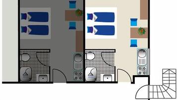 Indeling van een hotelkamer met twee bedden, een badkamer en een kitchenette.