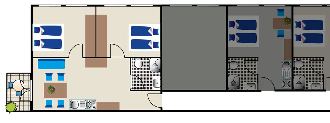 Distribución de una habitación de hotel con dos dormitorios, un baño, una kitchenette y un comedor.