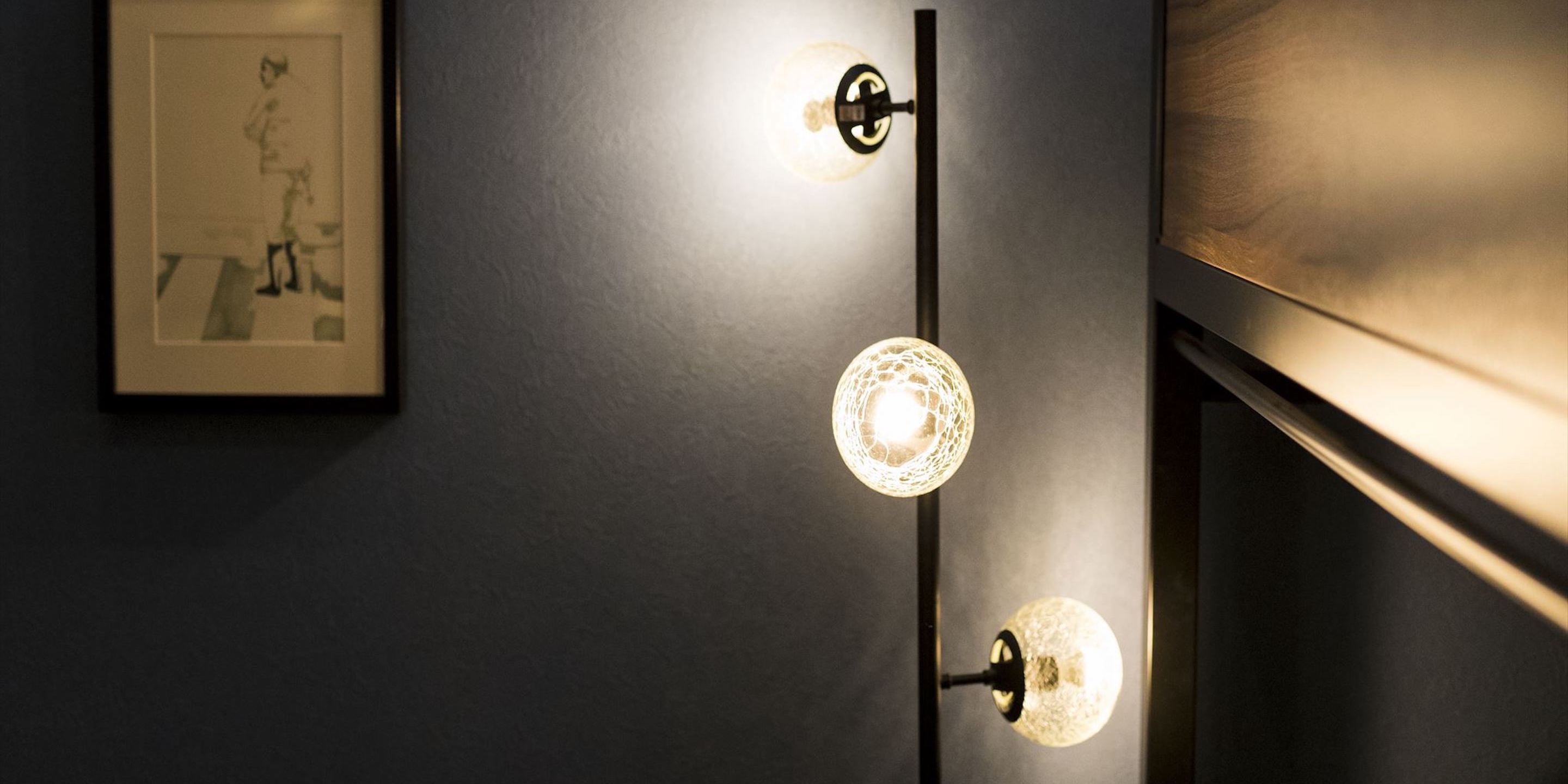A wall-mounted light fixture with a spherical design and a framed picture.