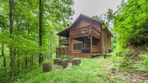 A two-story log cabin with a balcony, surrounded by dense forest. - Cabin By Blue Ridge Parkway (Blowing Rock)