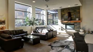 Smart TV, fireplace, books