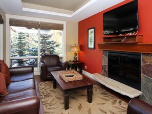 TV connectée, cheminée, livres