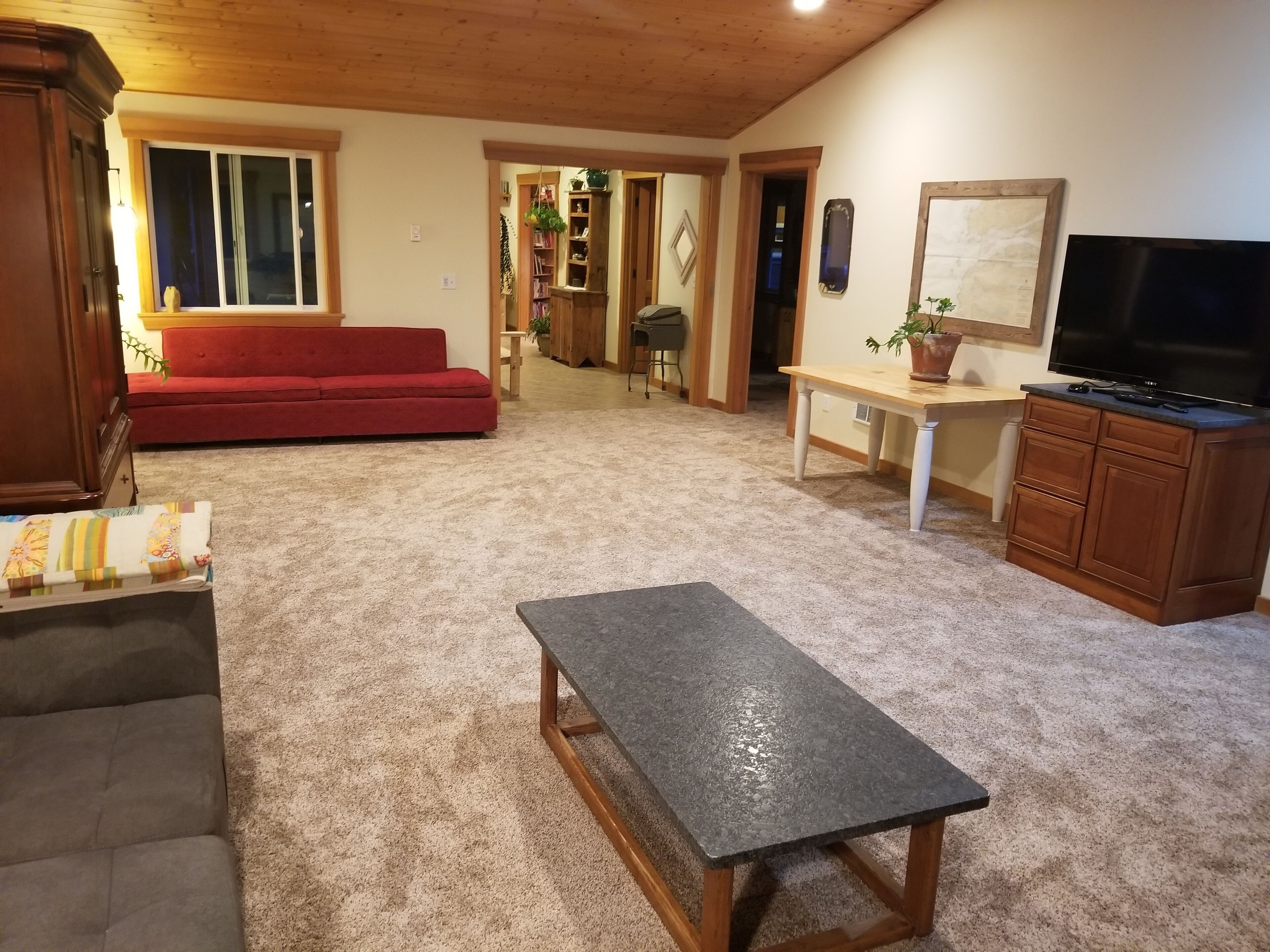 Smart TV, fireplace, books