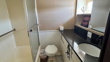 Combined shower/bathtub, hair dryer, towels, soap