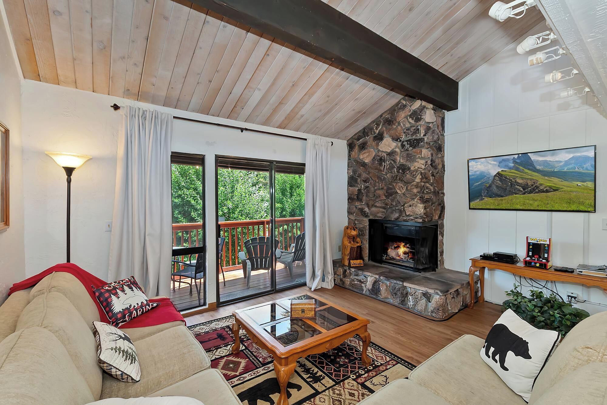 TV, fireplace, DVD player, stereo