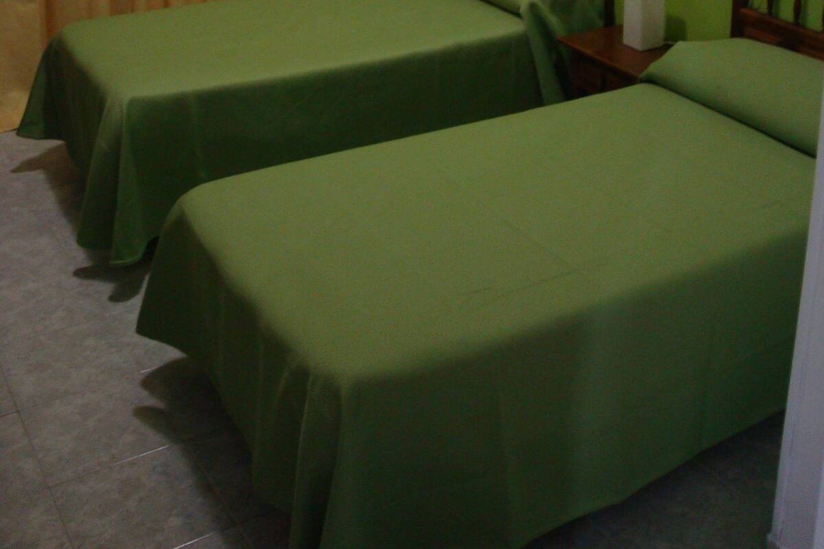 A room with two single beds, a wooden headboard, a small bedside table with a tissue box, and a curtain.