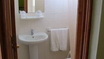 Baño con lavabo, espejo y toallero.