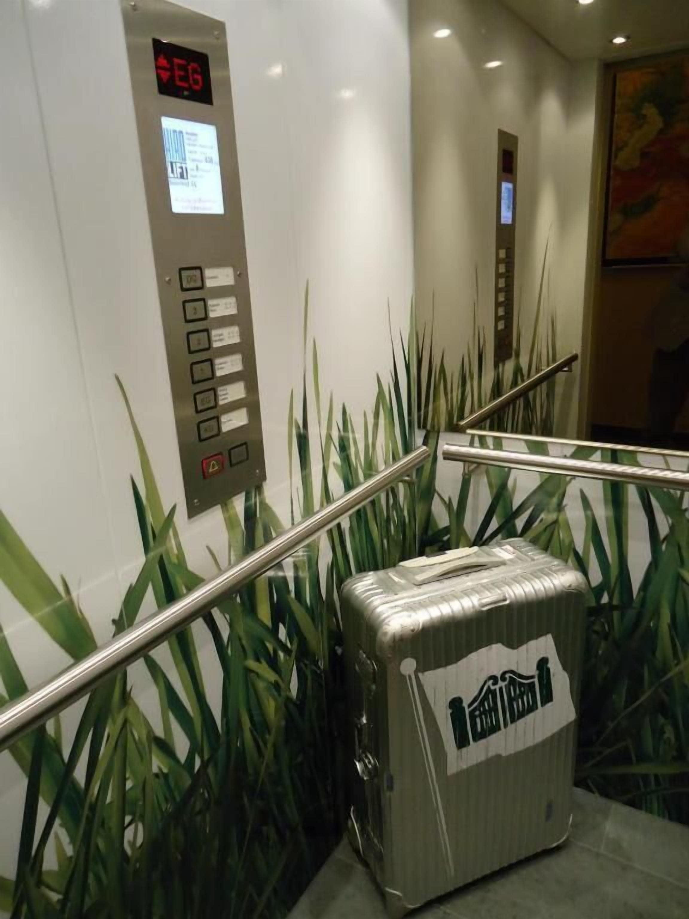 An elevator with a digital display, a control panel with buttons, and a wall with a plant design.