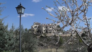 A multi-story building with a stone facade, surrounded by olive trees and flowering branches. - Hotel La Alberquilla (Yeste)