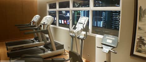 A gym with treadmills and elliptical machines, large windows with a city view, and a framed picture on the wall.