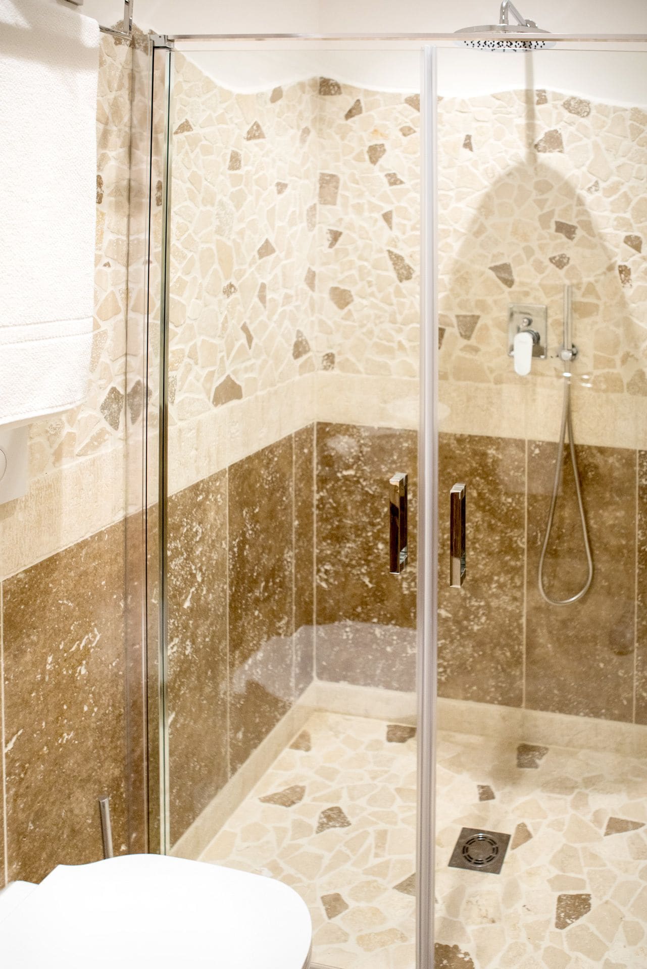 A shower area with a glass door, a handheld showerhead, and a wall-mounted control panel.