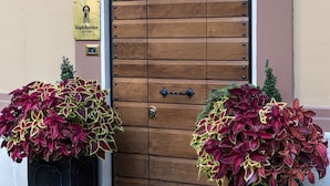 A wooden door with a metal handle, flanked by two potted plants with variegated leaves, and a sign above the door indicating the property is a 'Lighthouse Suites'. - Lighthouse Suites Trastevere (Rome)