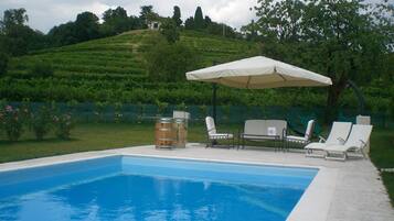 Seasonal outdoor pool, pool umbrellas, sun loungers