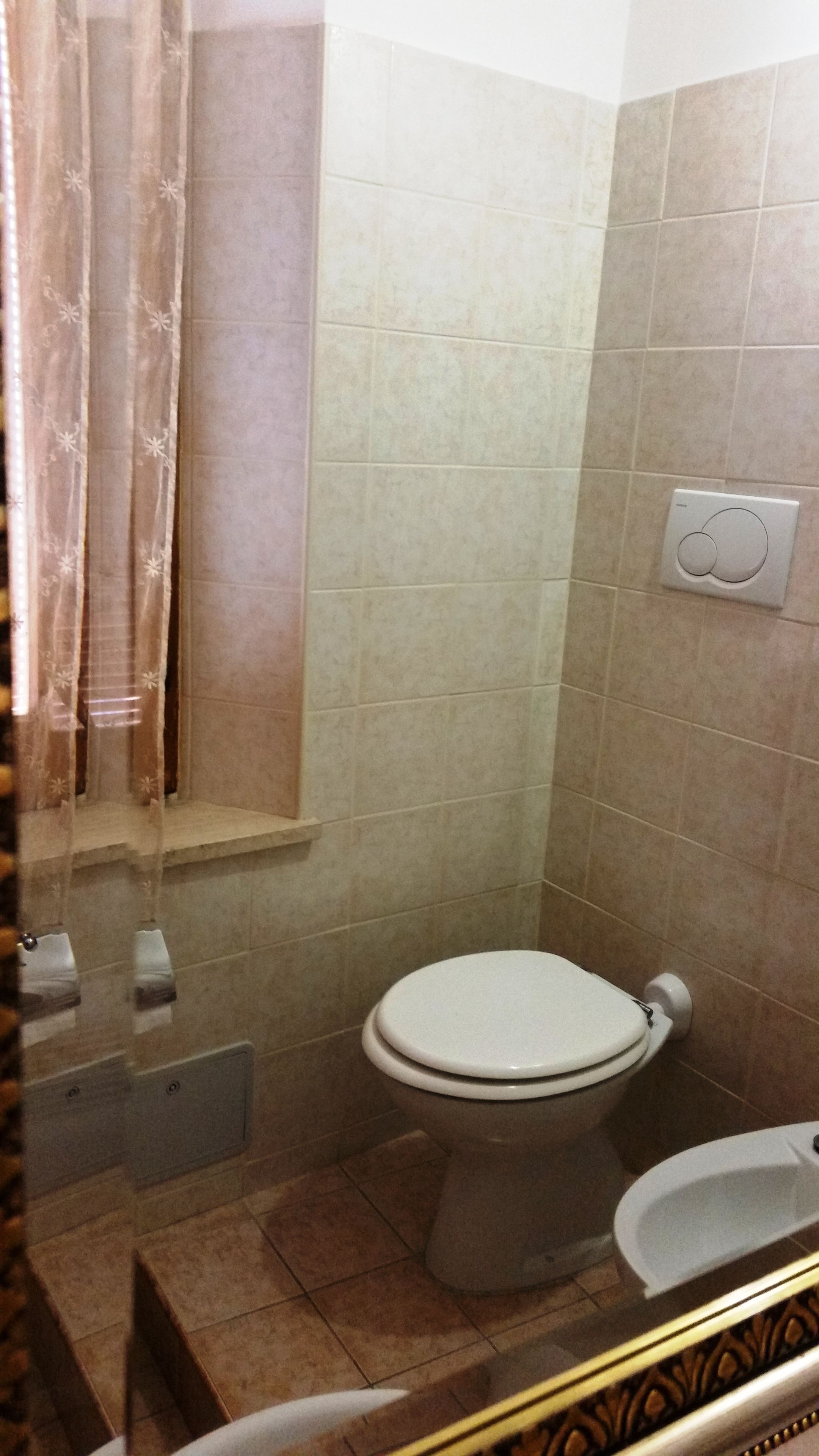 Un bagno con il water, un bidet e una zona doccia.