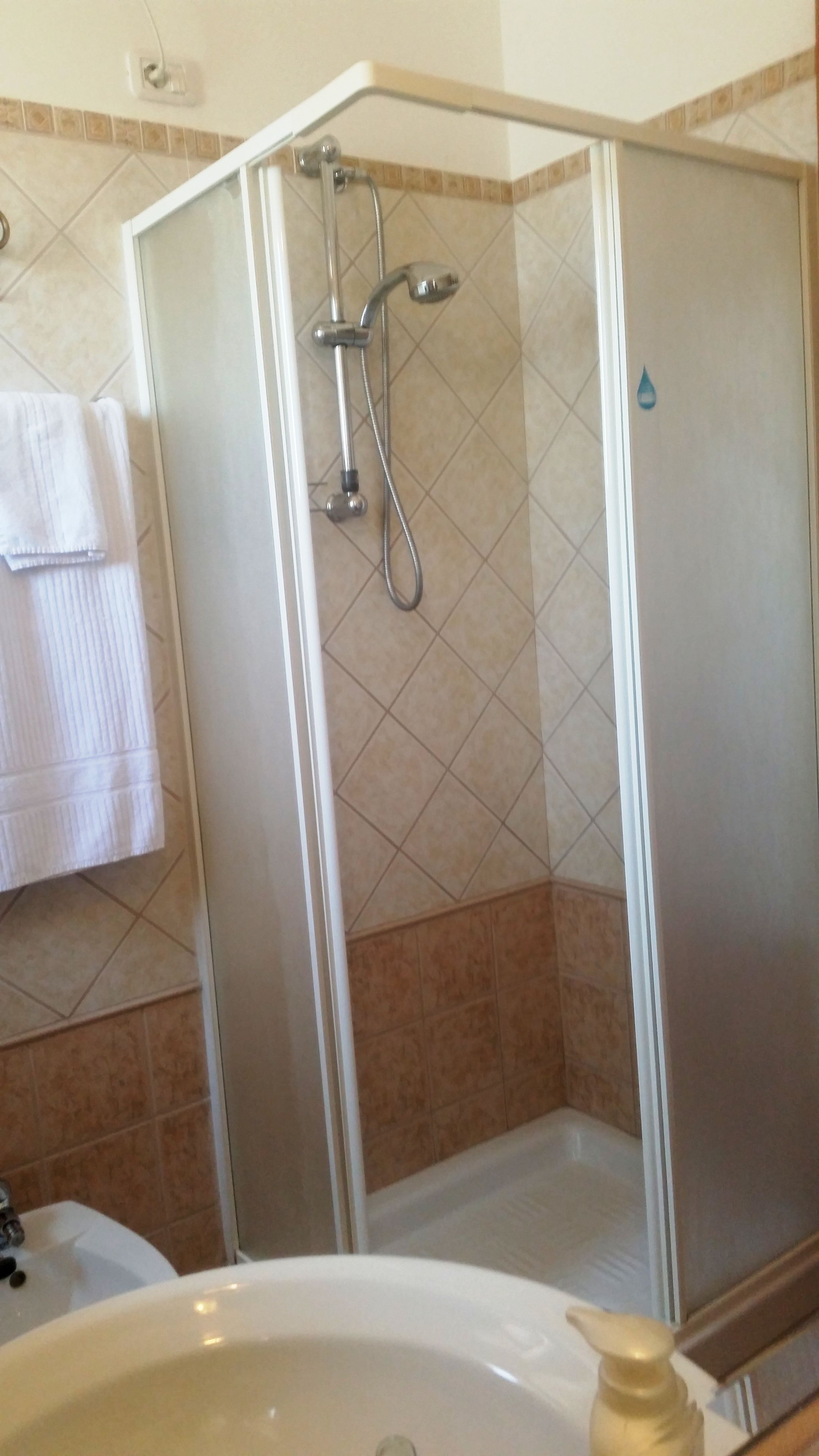A bathroom with a glass-enclosed shower, a white sink, and a towel rack.