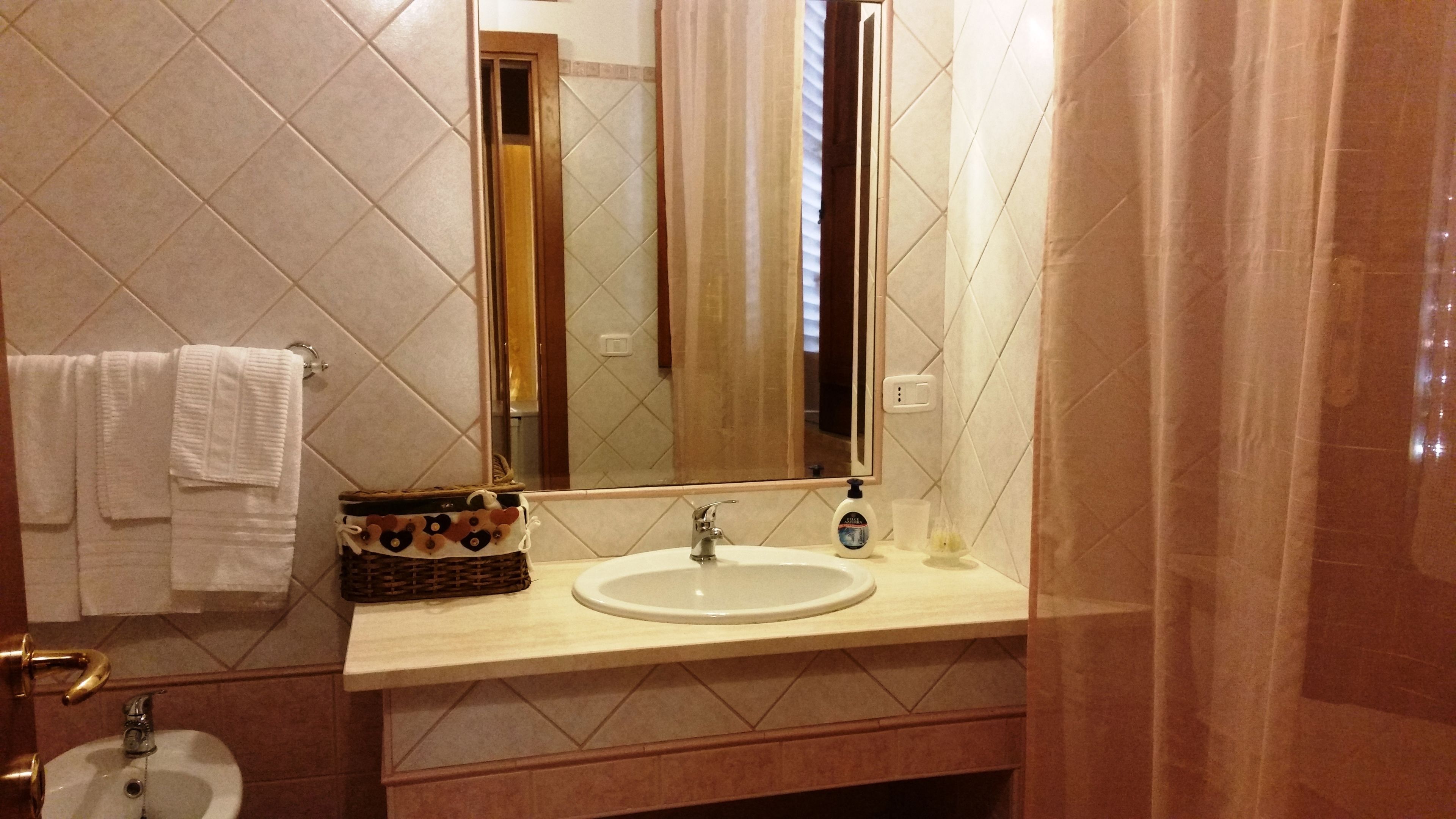 A bathroom with a sink, mirror, and towel rack.