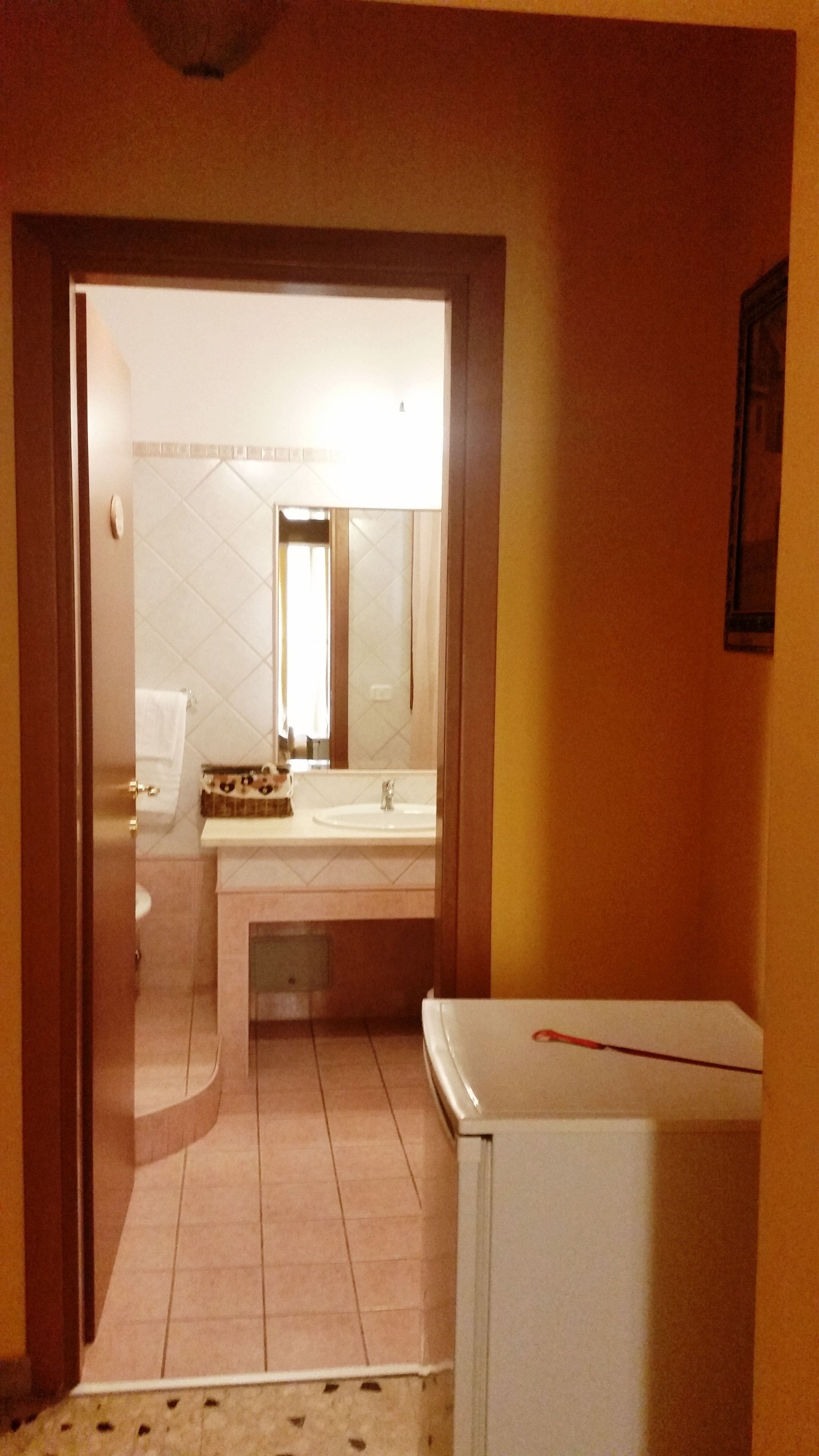 A narrow hallway leading to a bathroom with a toilet, sink, and mirror.