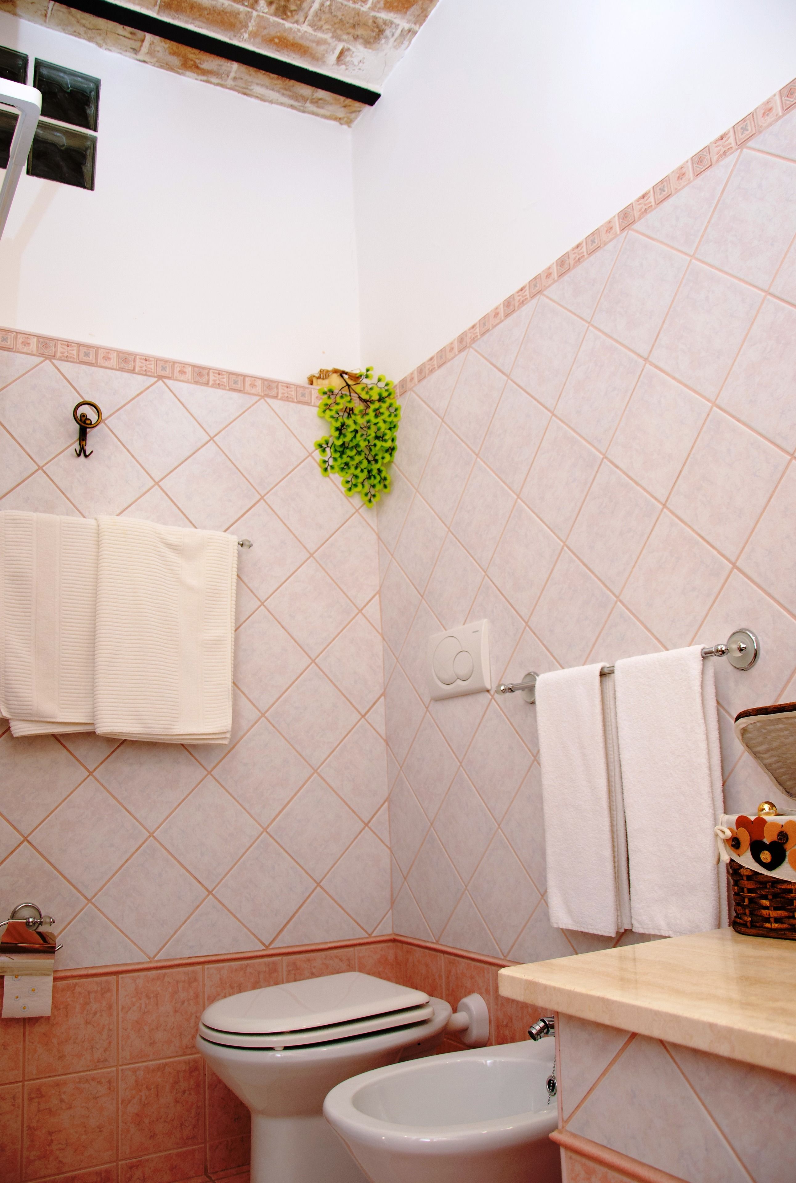 Een badkamer met toilet, bidet en een handdoekrek met twee handdoeken.