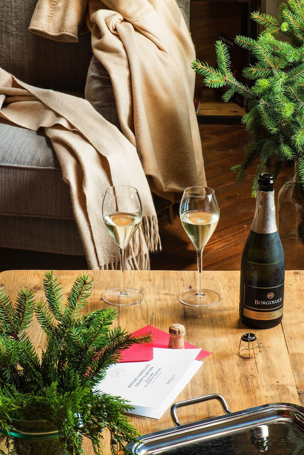 Une table en bois, deux verres à vin, une bouteille de vin Borgoluce, un tire-bouchon et une petite plante.