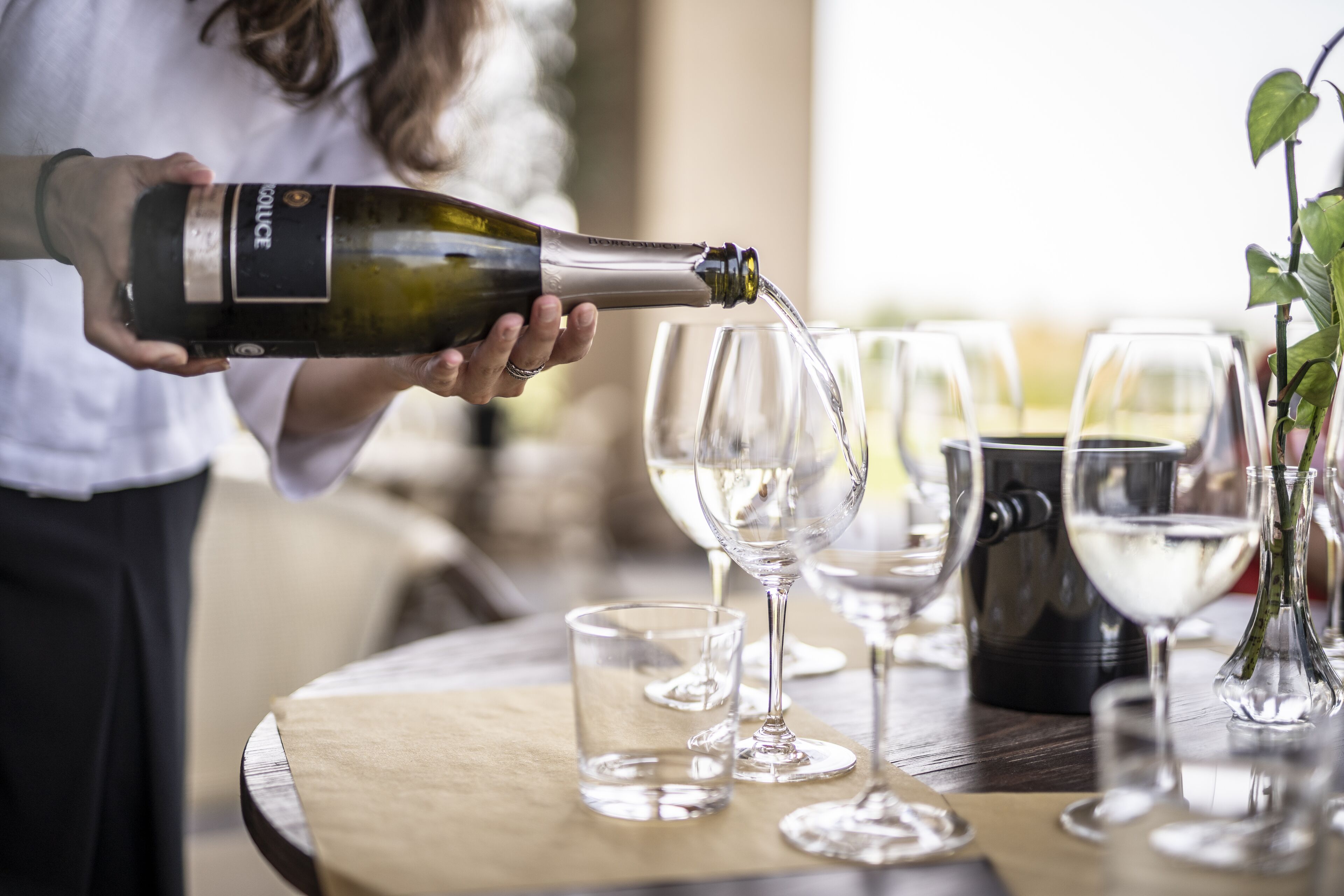 Eine Person schwenkt Wein aus einer Flasche in ein Glas.