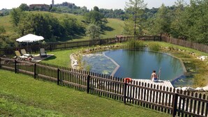 A fenced outdoor area with a small pond, lounge chairs, and a wooden deck. - Agriturismo Borgoluce (Susegana)
