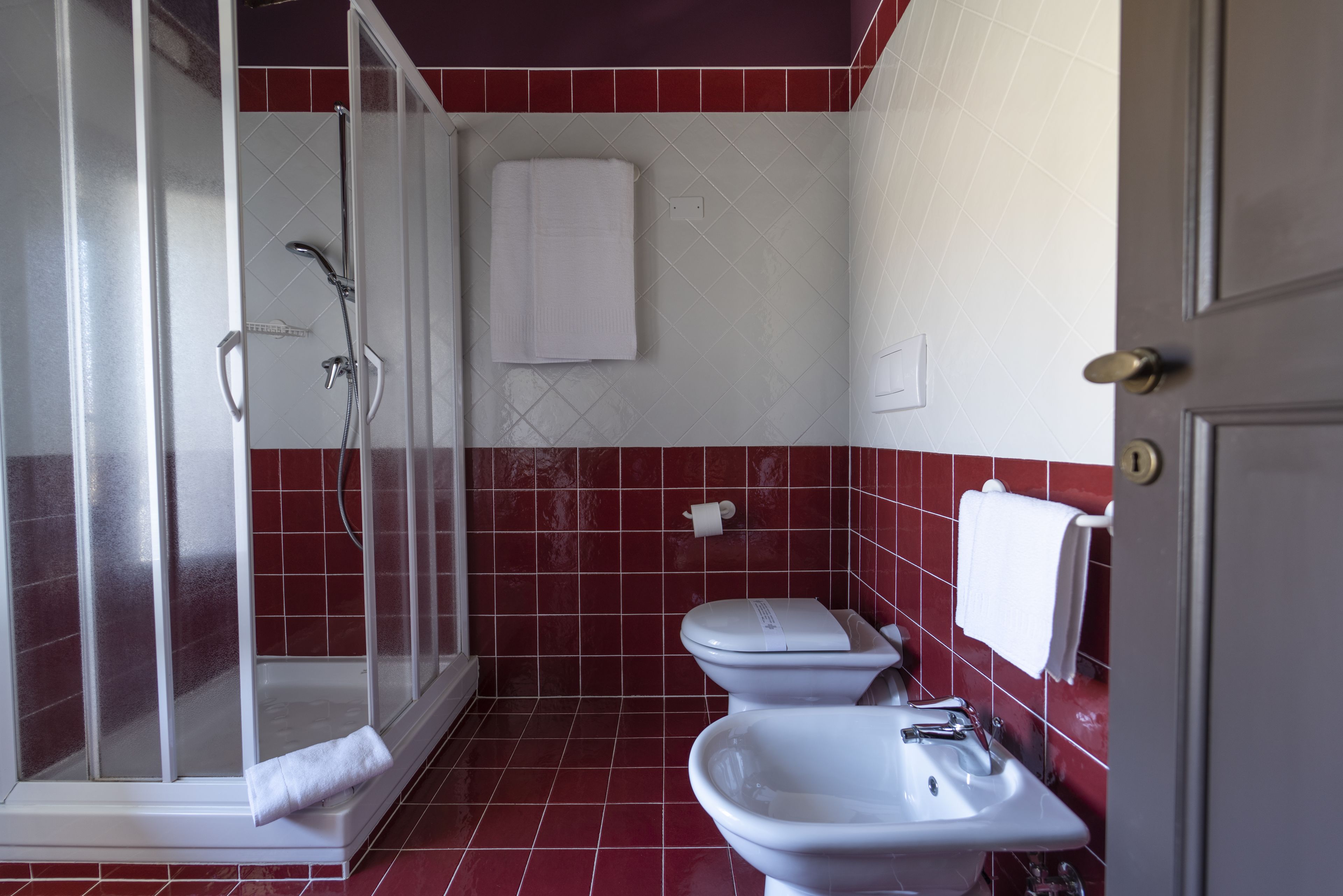 Un bagno con doccia vetrata, un water e un lavandino.