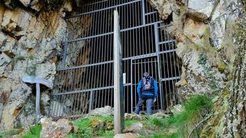 Une personne se tient devant une grille en métal, avec une falaise rocheuse en arrière-plan.