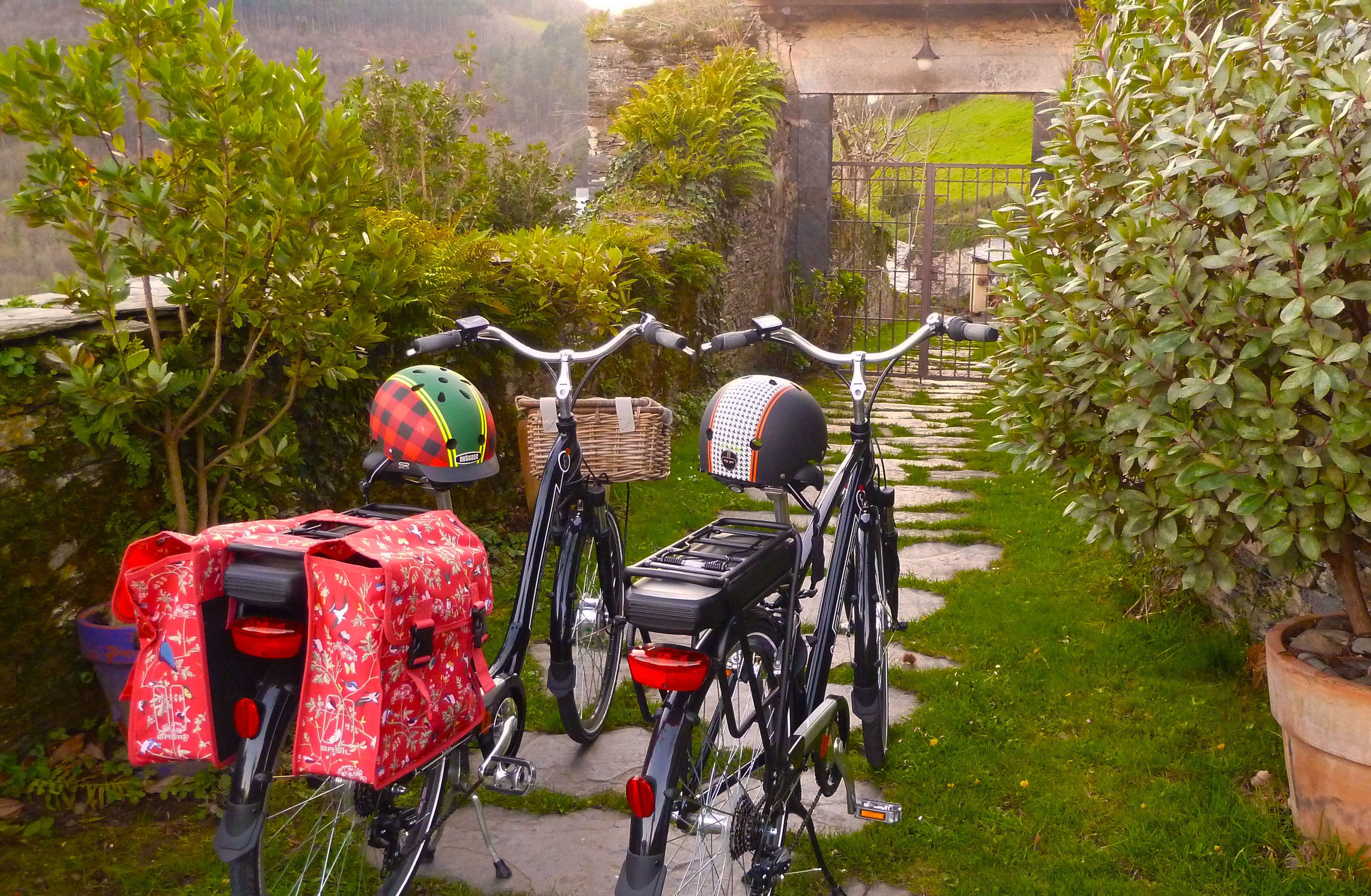 Two bicycles parked in a garden with a stone wall and greenery in the background.