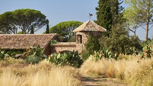 Un bâtiment rustique en pierre, doté d’un toit en tuiles et d’un girouette, entouré de grands cactus et d’herbes sèches.