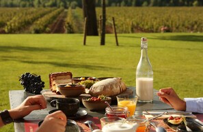Een picknicktafel buiten, met eten en drinken, omringd door een grasveld.