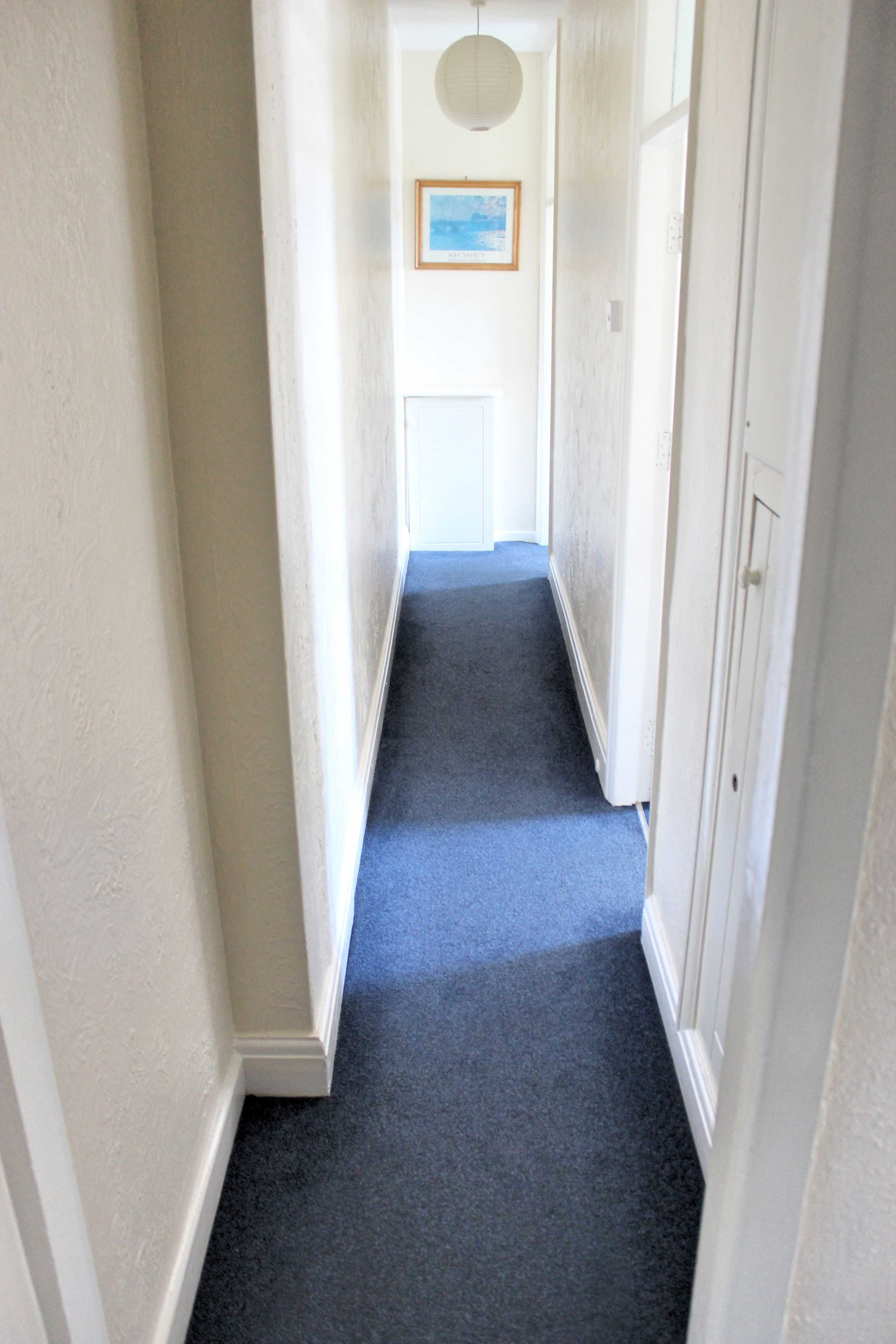 A narrow hallway with a dark carpet, white walls, and a framed picture on the wall.