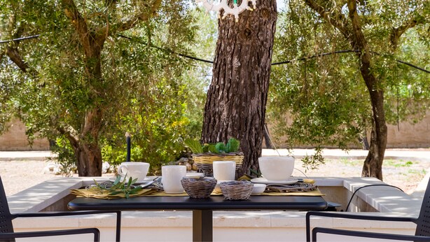 Une table à manger extérieure, avec des chaises, entourée d’arbres et agrémentée d’une structure décorative blanche.
