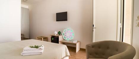 Una habitación de hotel con una cama, una silla, un escritorio, un televisor y una puerta.