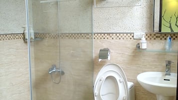 Shower, rainfall showerhead, hair dryer, slippers