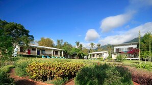 A resort with two-story buildings, a garden with various plants, and a mountain in the background. - Moonrise Inn (Donghe)