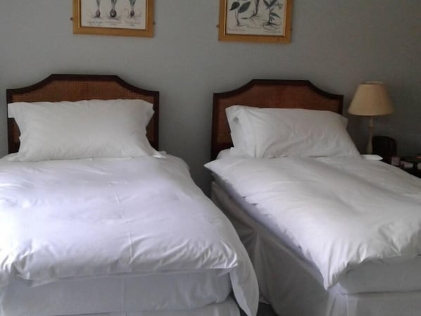 Two neatly made beds with white linens and wooden headboards, a lamp on the nightstand, and framed botanical prints on the wall. - Well Cottage B&B (Cirencester)